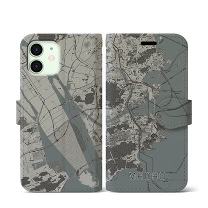 【マカオ（中華人民共和国）】地図柄iPhoneケース（手帳タイプ）モノトーン・iPhone 12 mini 用