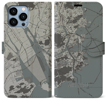 【マカオ（中華人民共和国）】地図柄iPhoneケース（手帳タイプ）モノトーン・iPhone 13 Pro Max 用