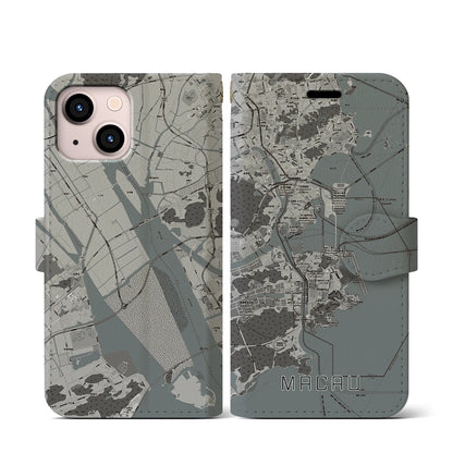 【マカオ（中華人民共和国）】地図柄iPhoneケース（手帳タイプ）モノトーン・iPhone 13 mini 用