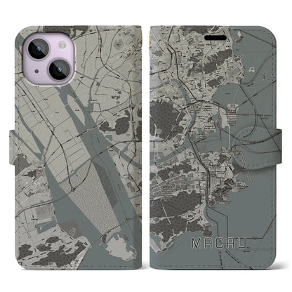 【マカオ（中華人民共和国）】地図柄iPhoneケース（手帳タイプ）モノトーン・iPhone 14 用