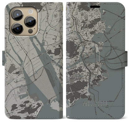 【マカオ（中華人民共和国）】地図柄iPhoneケース（手帳タイプ）モノトーン・iPhone 14 Pro Max 用