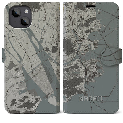 【マカオ（中華人民共和国）】地図柄iPhoneケース（手帳タイプ）モノトーン・iPhone 14 Plus 用