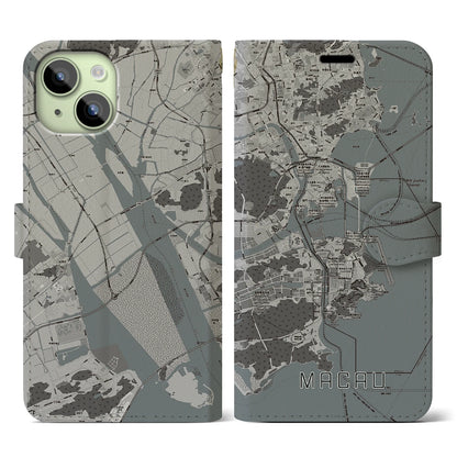 【マカオ（中華人民共和国）】地図柄iPhoneケース（手帳タイプ）モノトーン・iPhone 15 用