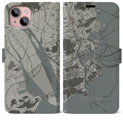 【マカオ（中華人民共和国）】地図柄iPhoneケース（手帳タイプ）モノトーン・iPhone 15 Plus 用
