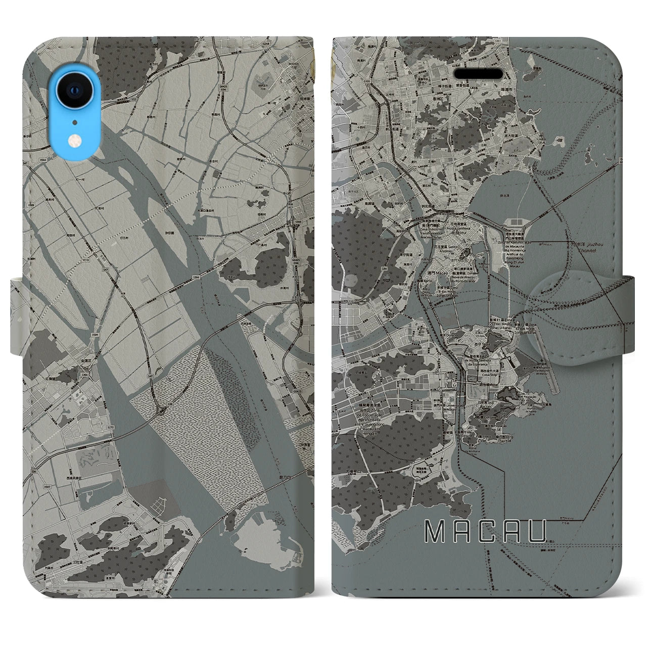 【マカオ】地図柄iPhoneケース（手帳両面タイプ・モノトーン）iPhone XR 用