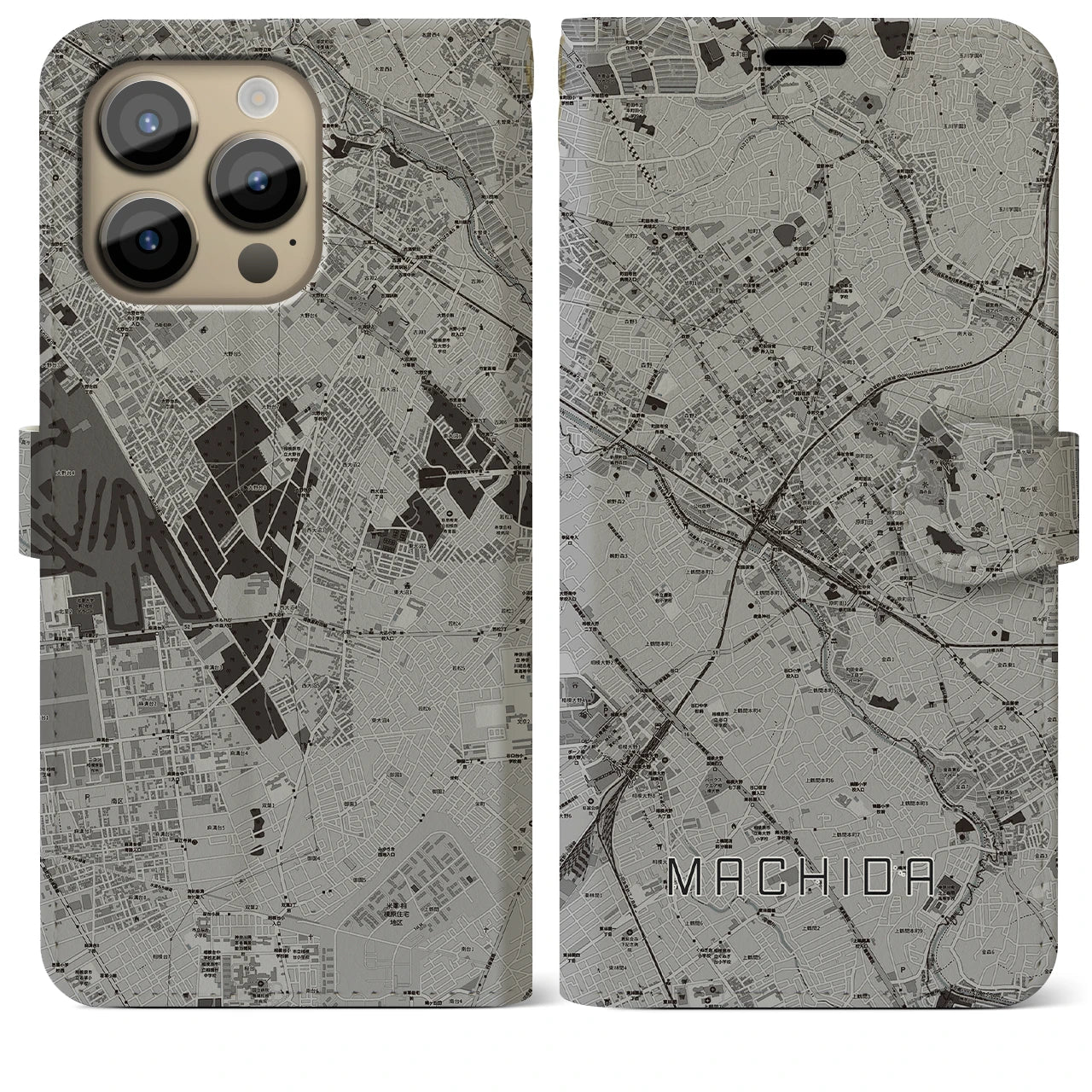 【町田】地図柄iPhoneケース（手帳両面タイプ・モノトーン）iPhone 14 Pro Max 用