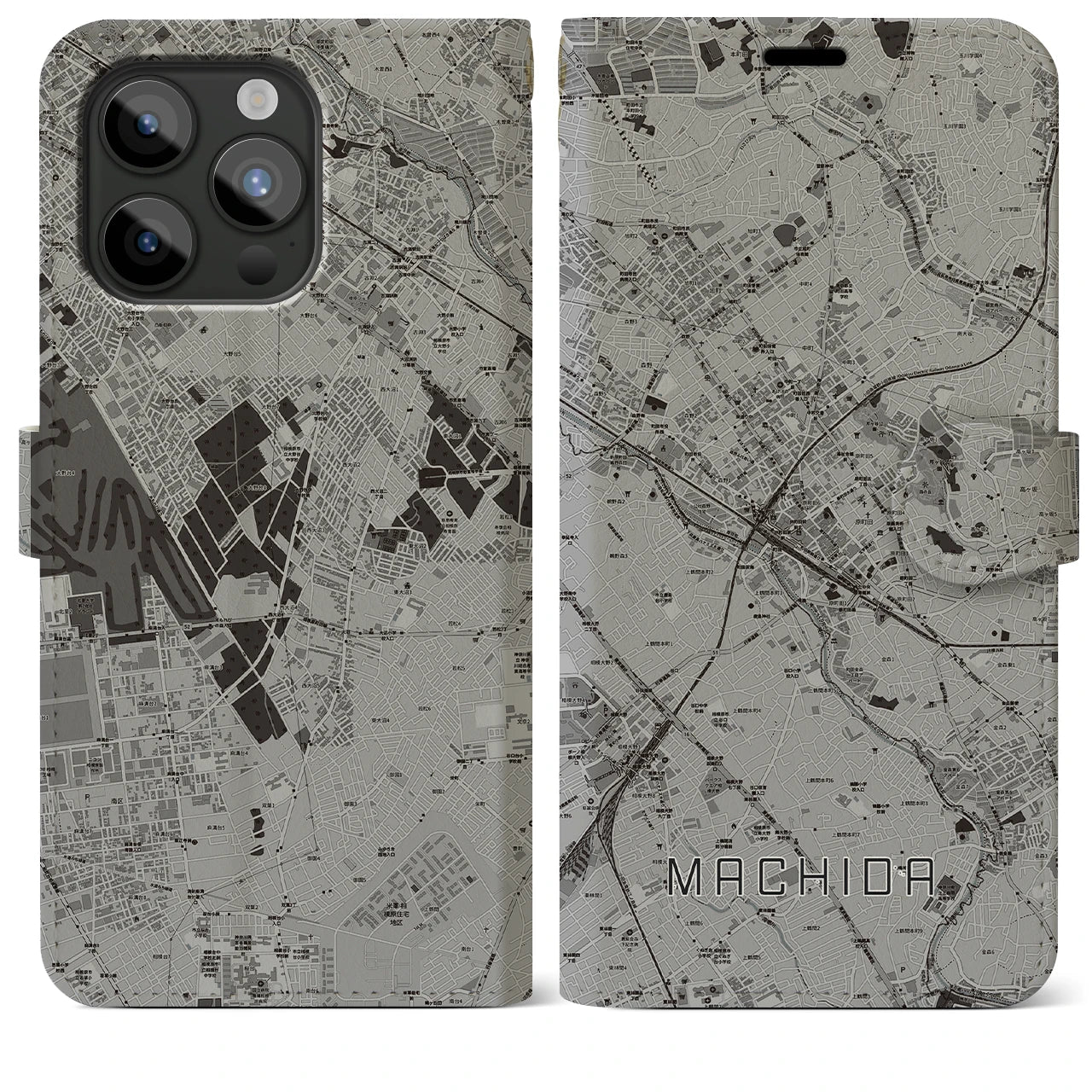 【町田】地図柄iPhoneケース（手帳両面タイプ・モノトーン）iPhone 15 Pro Max 用