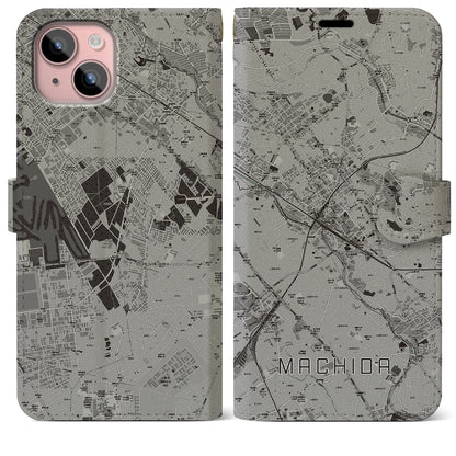 【町田（東京都）】地図柄iPhoneケース（手帳タイプ）モノトーン・iPhone 15 Plus 用