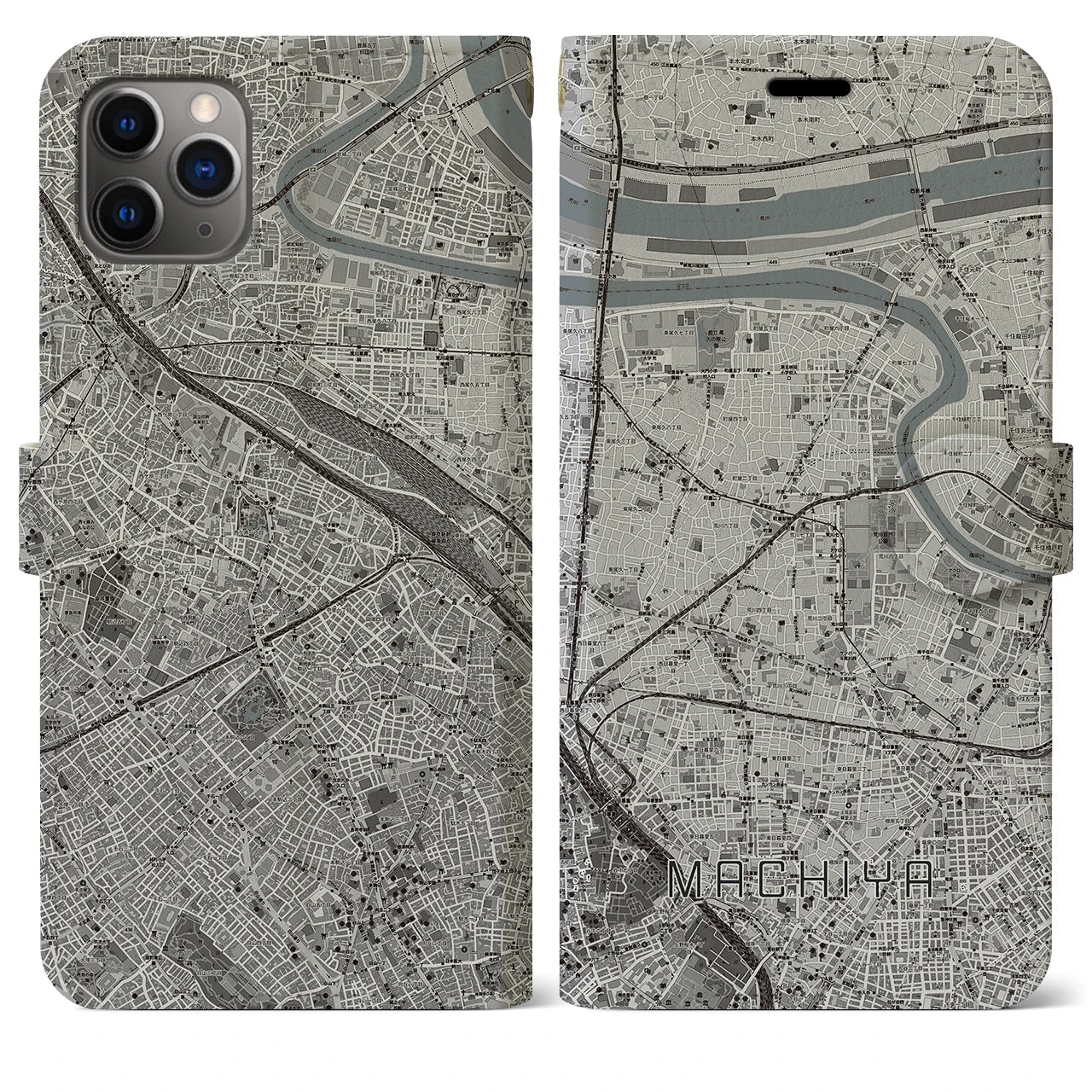 【町屋】地図柄iPhoneケース（手帳両面タイプ・モノトーン）iPhone 11 Pro Max 用