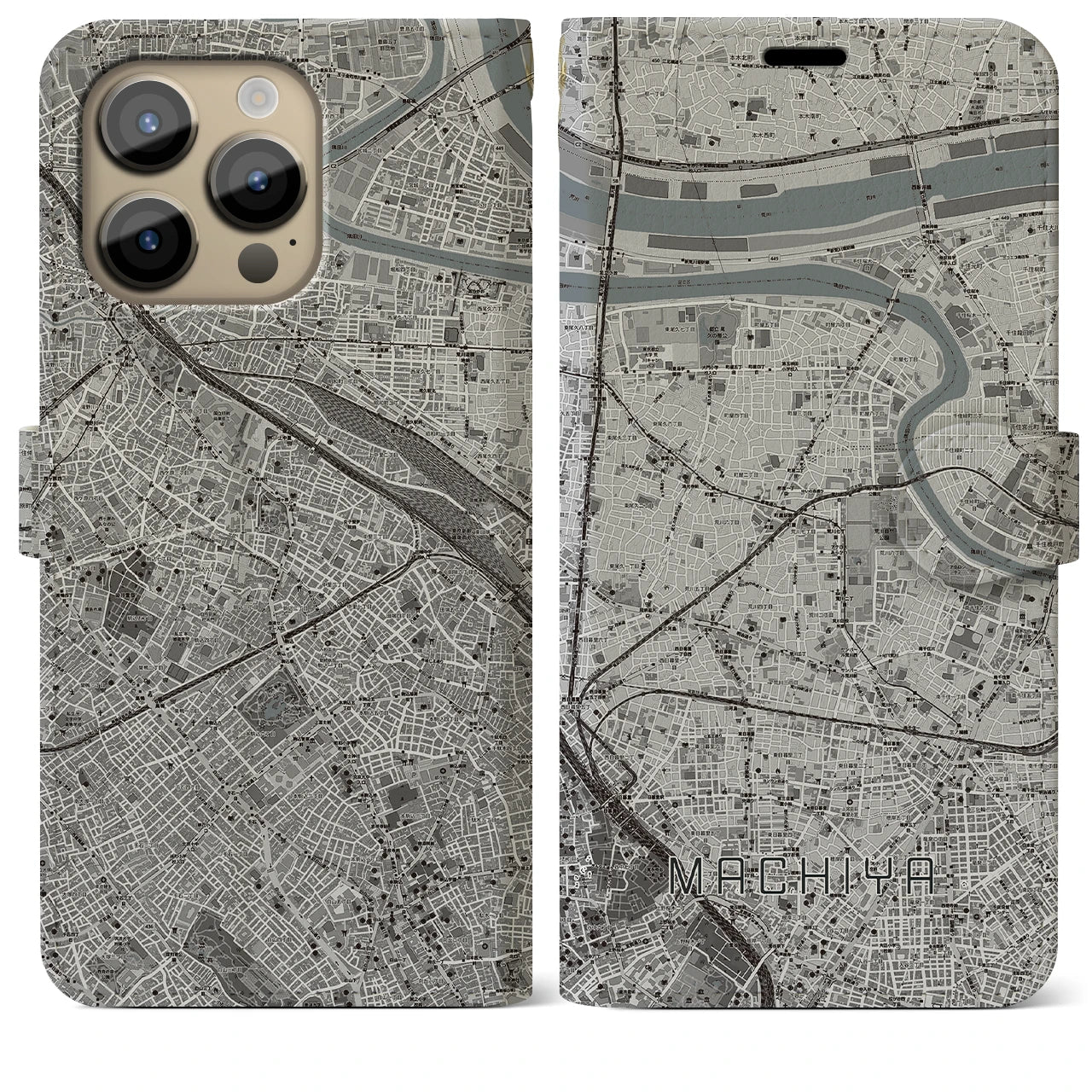 【町屋】地図柄iPhoneケース（手帳両面タイプ・モノトーン）iPhone 14 Pro Max 用