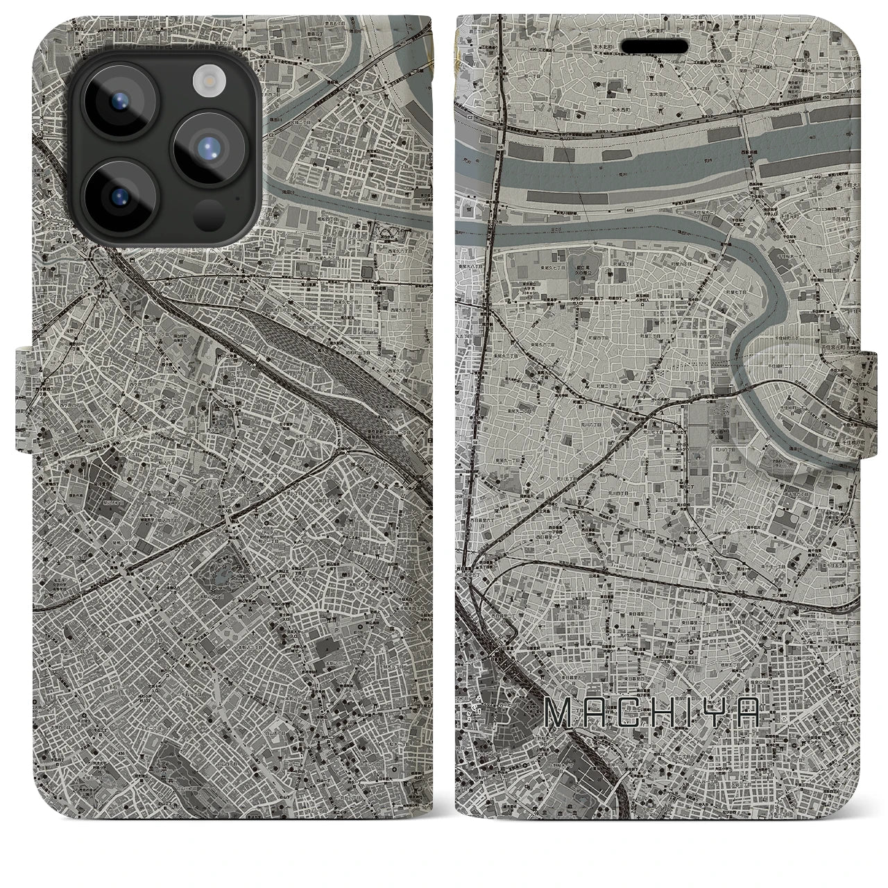 【町屋】地図柄iPhoneケース（手帳両面タイプ・モノトーン）iPhone 15 Pro Max 用