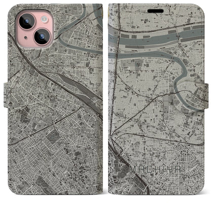 【町屋（東京都）】地図柄iPhoneケース（手帳タイプ）モノトーン・iPhone 15 Plus 用