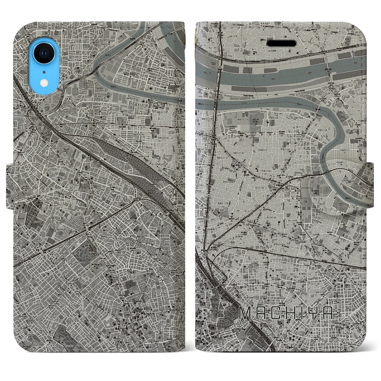 【町屋】地図柄iPhoneケース（手帳両面タイプ・モノトーン）iPhone XR 用