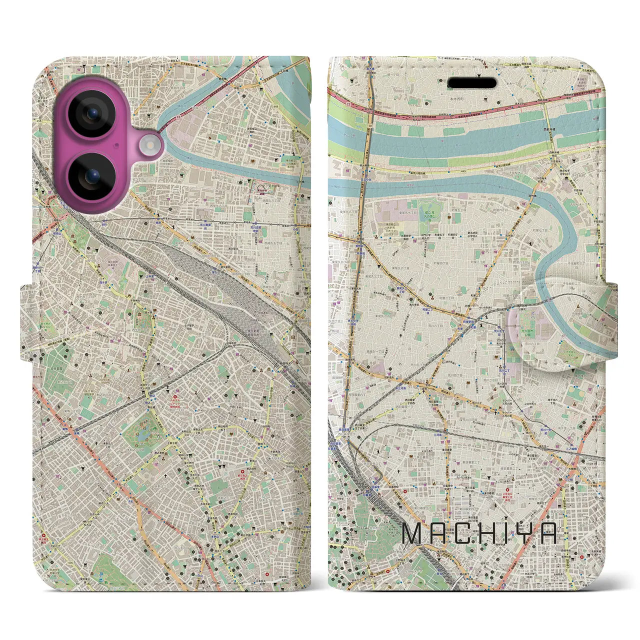 【町屋（東京都）】地図柄iPhoneケース（手帳タイプ）ナチュラル・iPhone 16 Pro 用