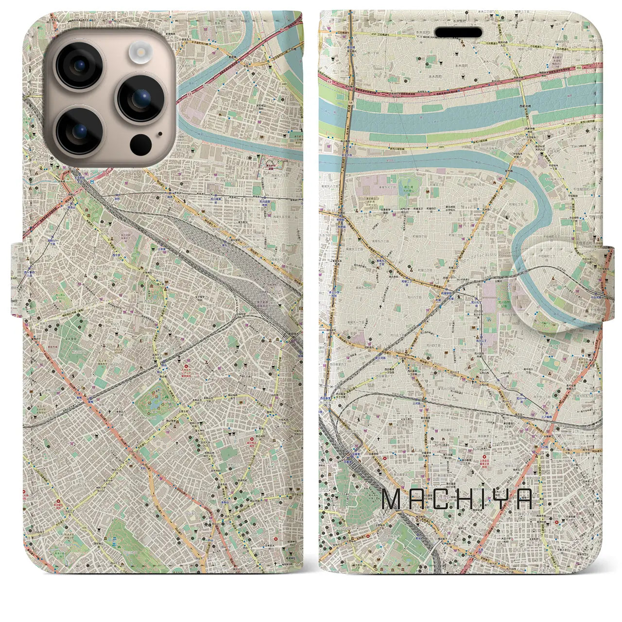 【町屋（東京都）】地図柄iPhoneケース（手帳タイプ）ナチュラル・iPhone 16 Plus 用