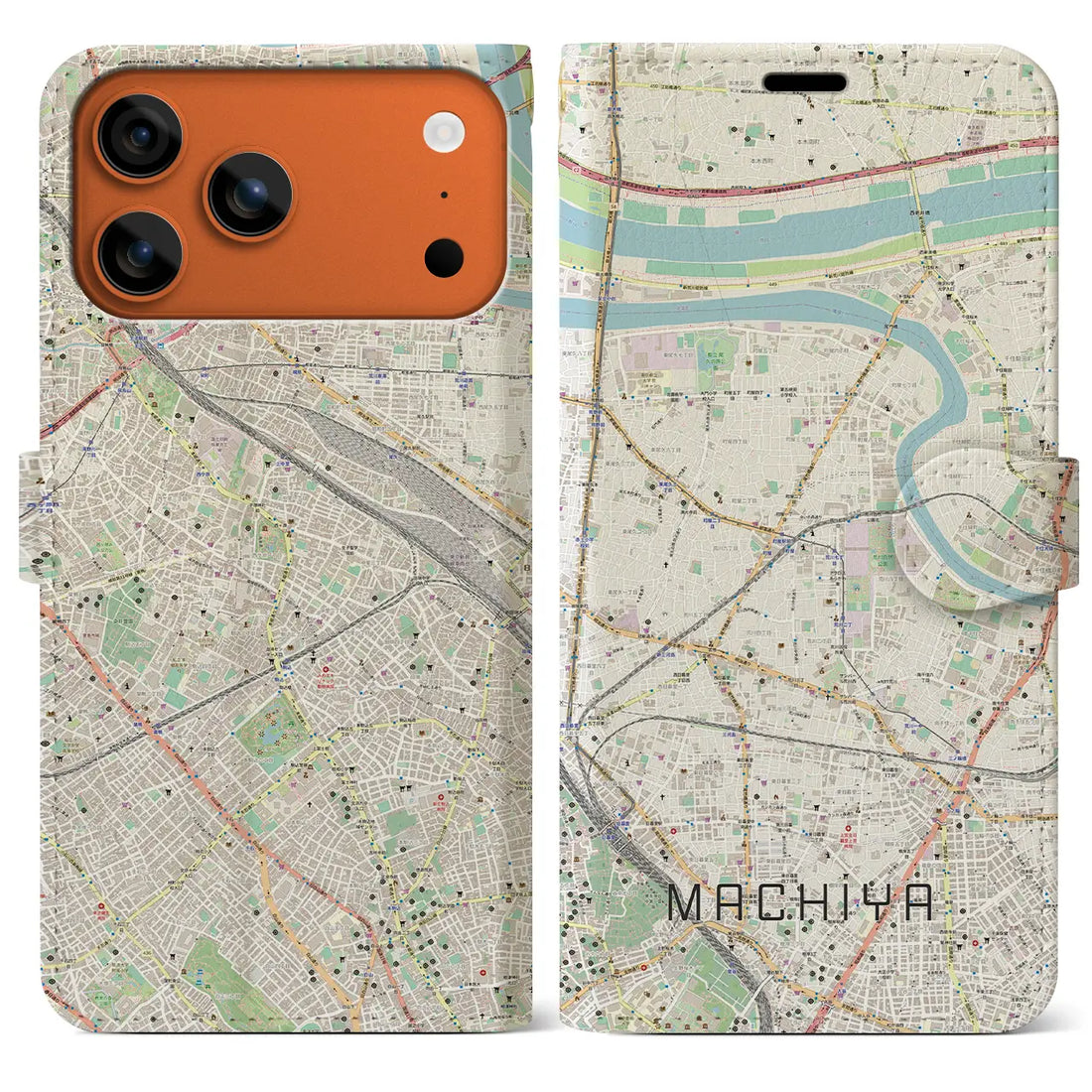 【町屋（東京都）】地図柄iPhoneケース（手帳タイプ）ナチュラル・iPhone 17 Pro Max 用
