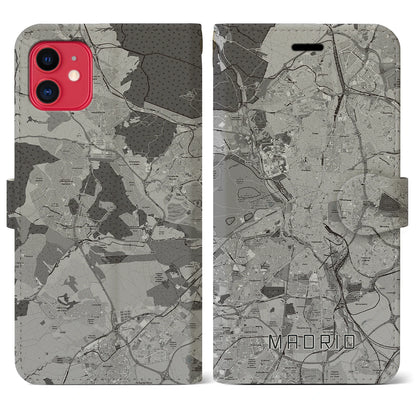 【マドリード（スペイン）】地図柄iPhoneケース（手帳タイプ）モノトーン・iPhone 11 用