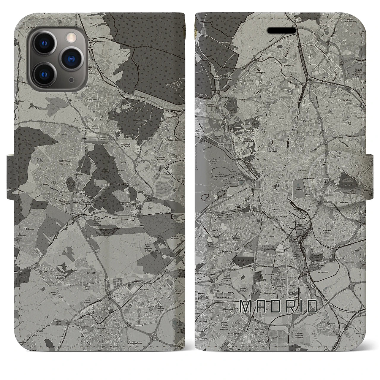 【マドリード】地図柄iPhoneケース（手帳両面タイプ・モノトーン）iPhone 11 Pro Max 用