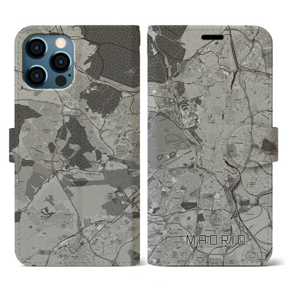 【マドリード（スペイン）】地図柄iPhoneケース（手帳タイプ）モノトーン・iPhone 12 / 12 Pro 用