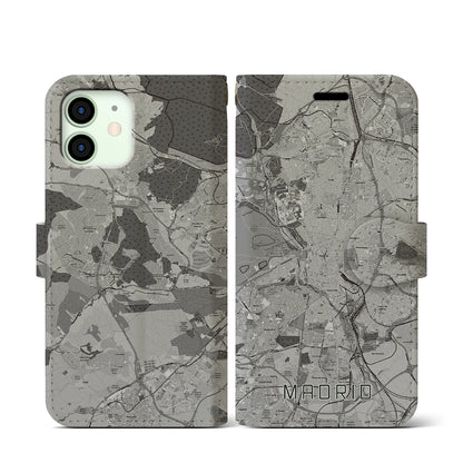 【マドリード（スペイン）】地図柄iPhoneケース（手帳タイプ）モノトーン・iPhone 12 mini 用