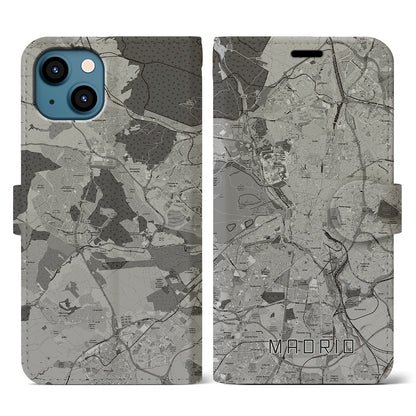 【マドリード（スペイン）】地図柄iPhoneケース（手帳タイプ）モノトーン・iPhone 13 用