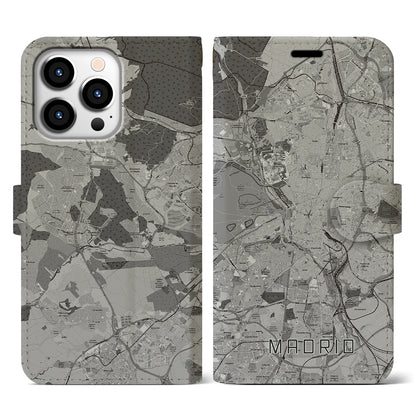 【マドリード（スペイン）】地図柄iPhoneケース（手帳タイプ）モノトーン・iPhone 13 Pro 用