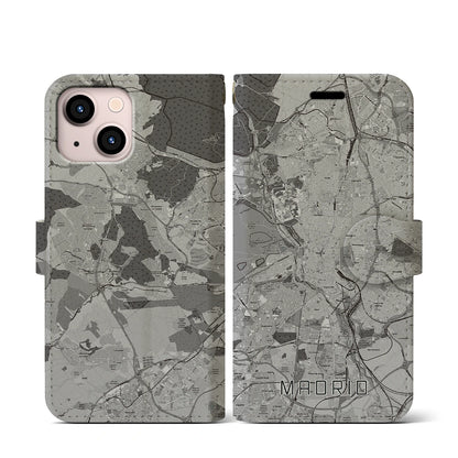 【マドリード（スペイン）】地図柄iPhoneケース（手帳タイプ）モノトーン・iPhone 13 mini 用