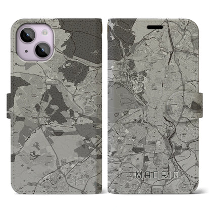 【マドリード（スペイン）】地図柄iPhoneケース（手帳タイプ）モノトーン・iPhone 14 用