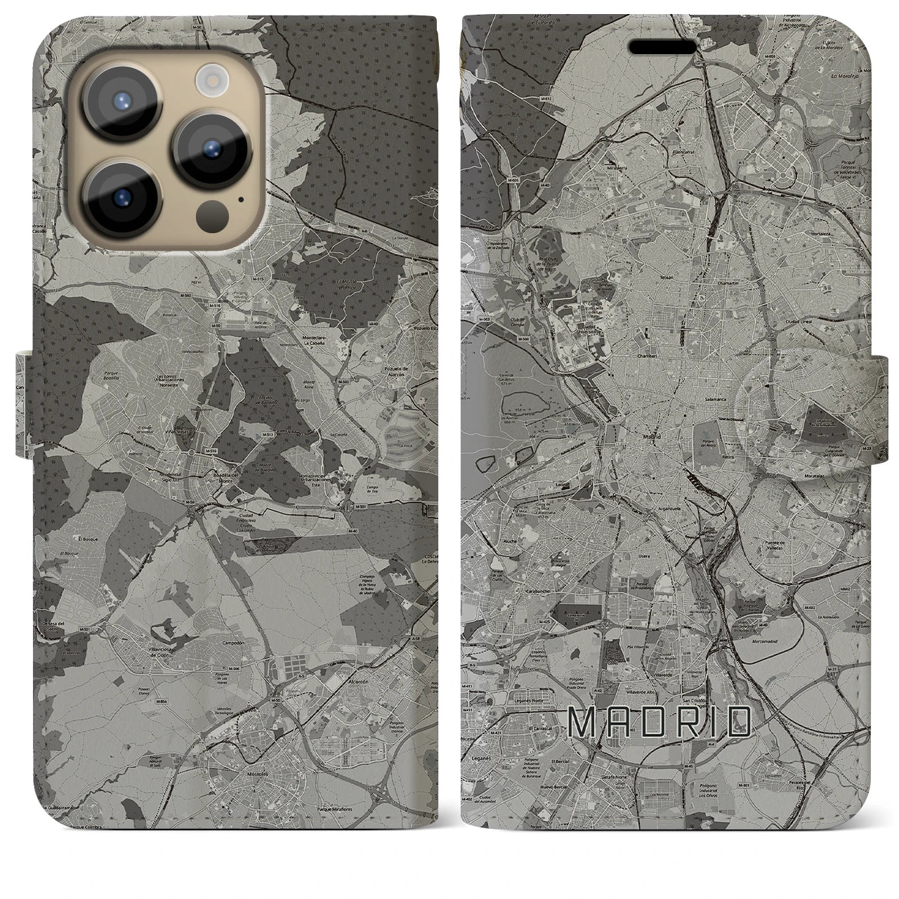 【マドリード】地図柄iPhoneケース（手帳両面タイプ・モノトーン）iPhone 14 Pro Max 用