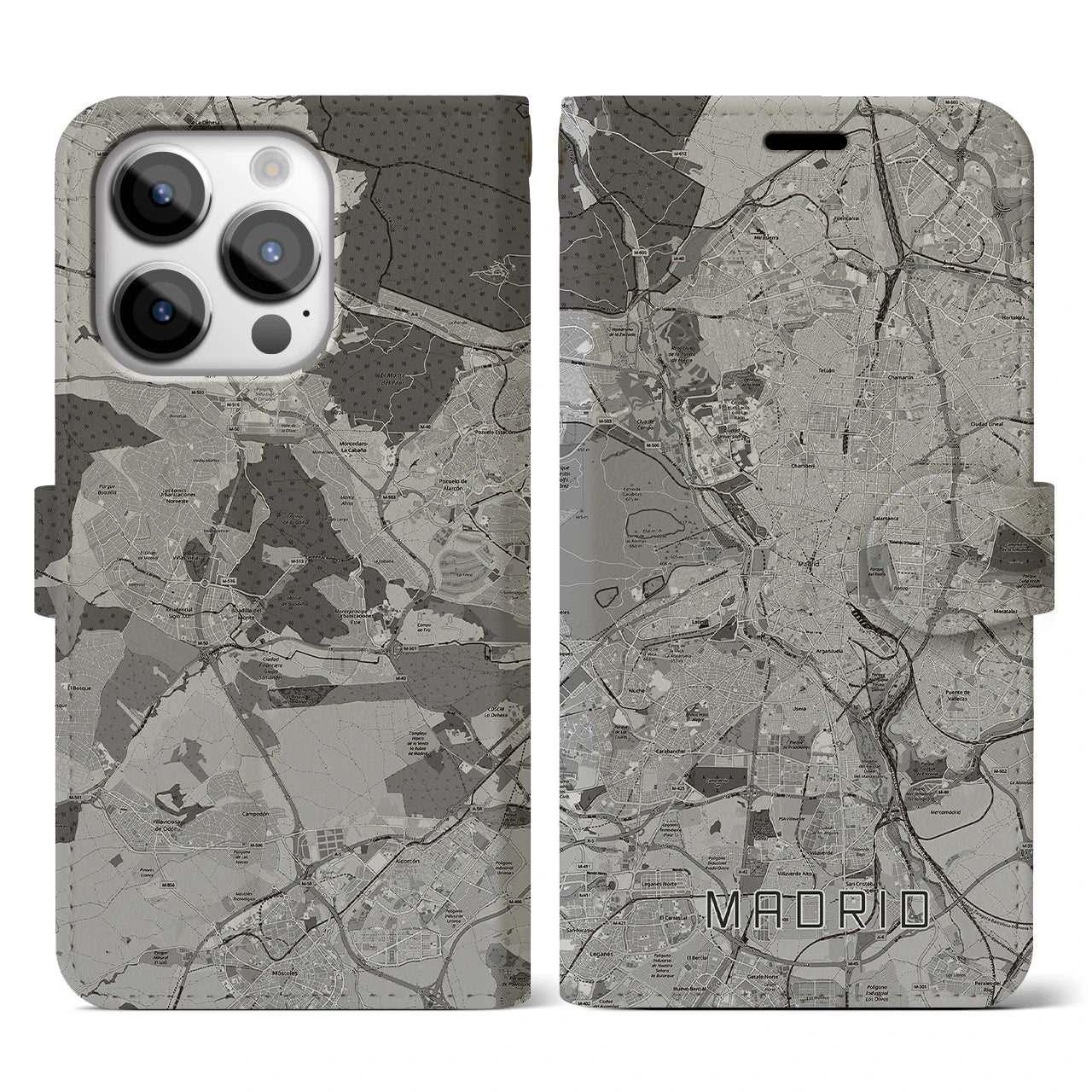 【マドリード】地図柄iPhoneケース（手帳両面タイプ・モノトーン）iPhone 14 Pro 用