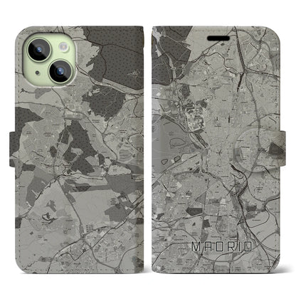【マドリード（スペイン）】地図柄iPhoneケース（手帳タイプ）モノトーン・iPhone 15 用