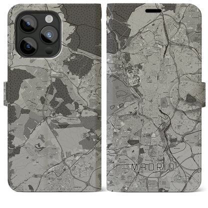 【マドリード（スペイン）】地図柄iPhoneケース（手帳タイプ）モノトーン・iPhone 15 Pro Max 用
