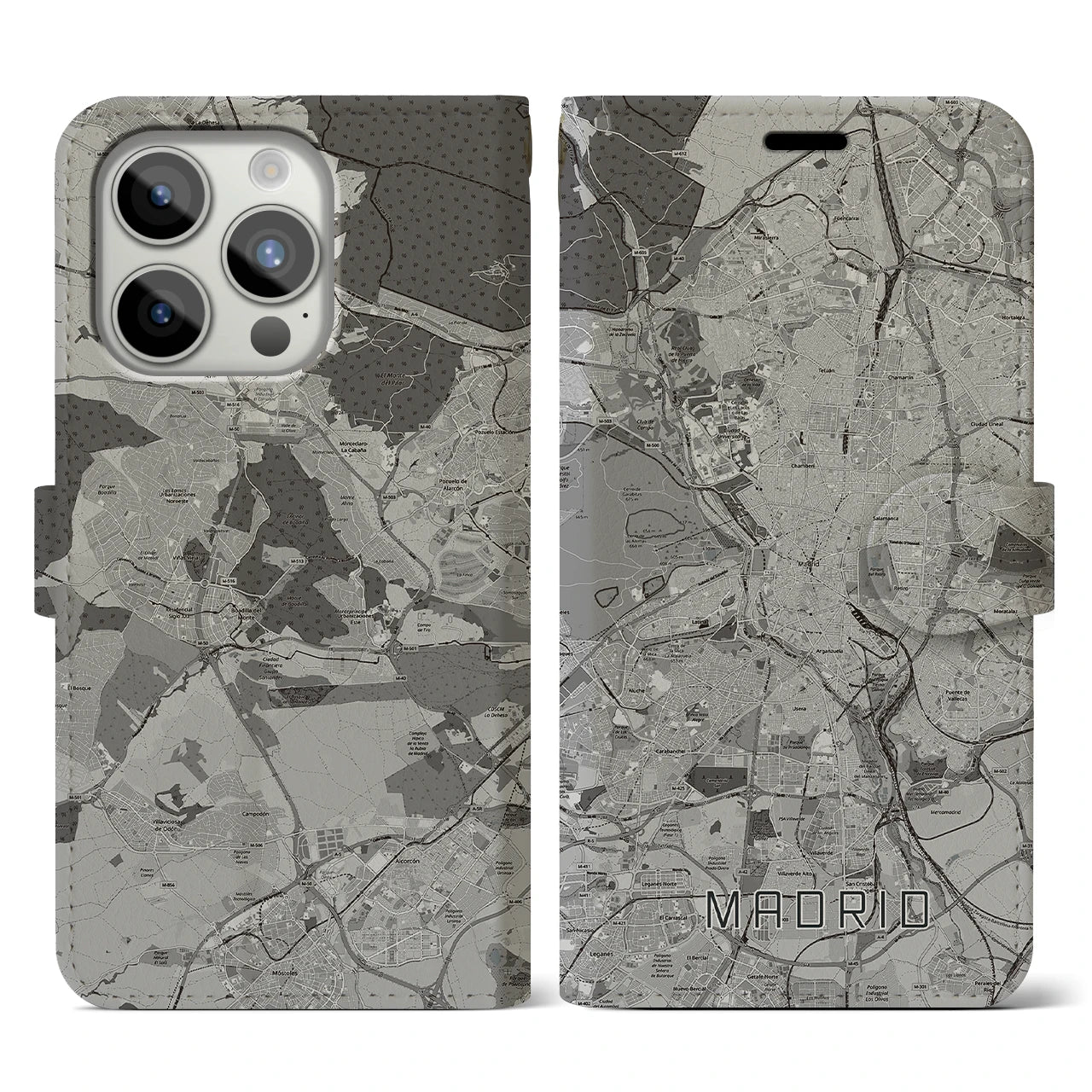 【マドリード】地図柄iPhoneケース（手帳両面タイプ・モノトーン）iPhone 15 Pro 用
