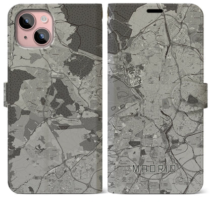 【マドリード（スペイン）】地図柄iPhoneケース（手帳タイプ）モノトーン・iPhone 15 Plus 用