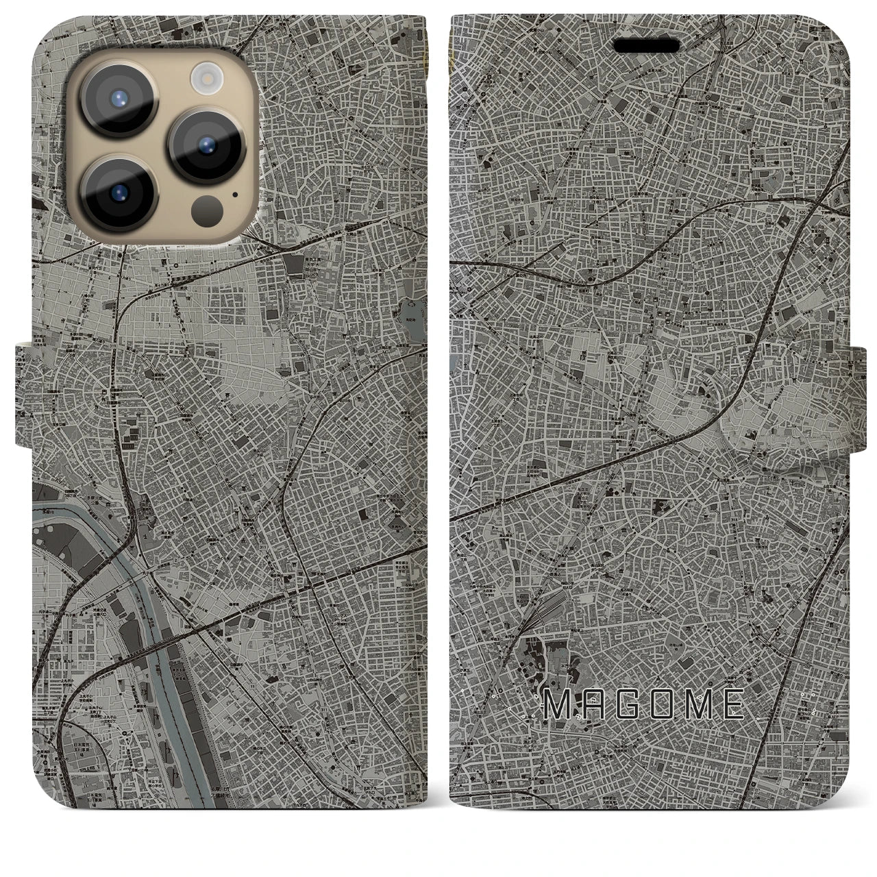 【馬込】地図柄iPhoneケース（手帳両面タイプ・モノトーン）iPhone 14 Pro Max 用