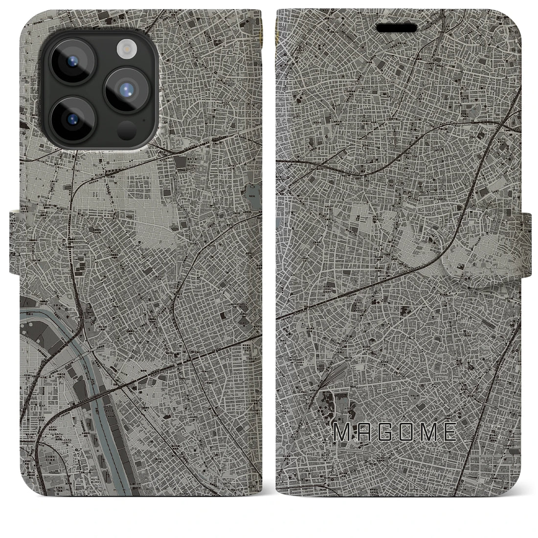 【馬込】地図柄iPhoneケース（手帳両面タイプ・モノトーン）iPhone 15 Pro Max 用