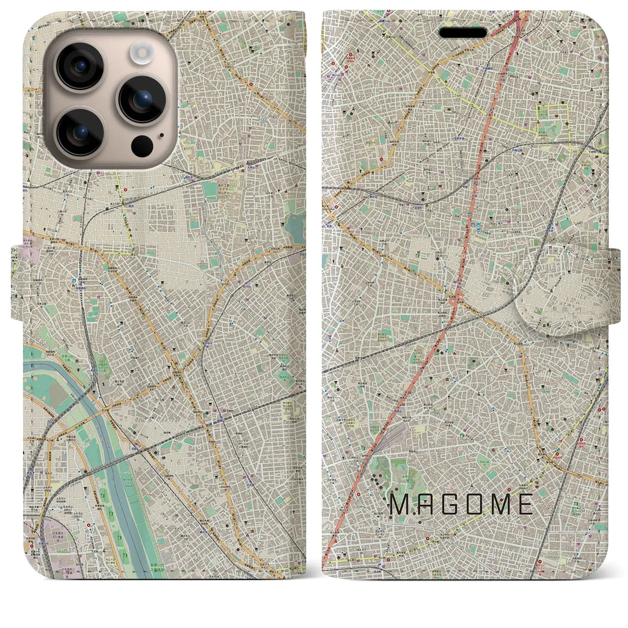 【馬込（東京都）】地図柄iPhoneケース（手帳タイプ）ナチュラル・iPhone 16 Plus 用