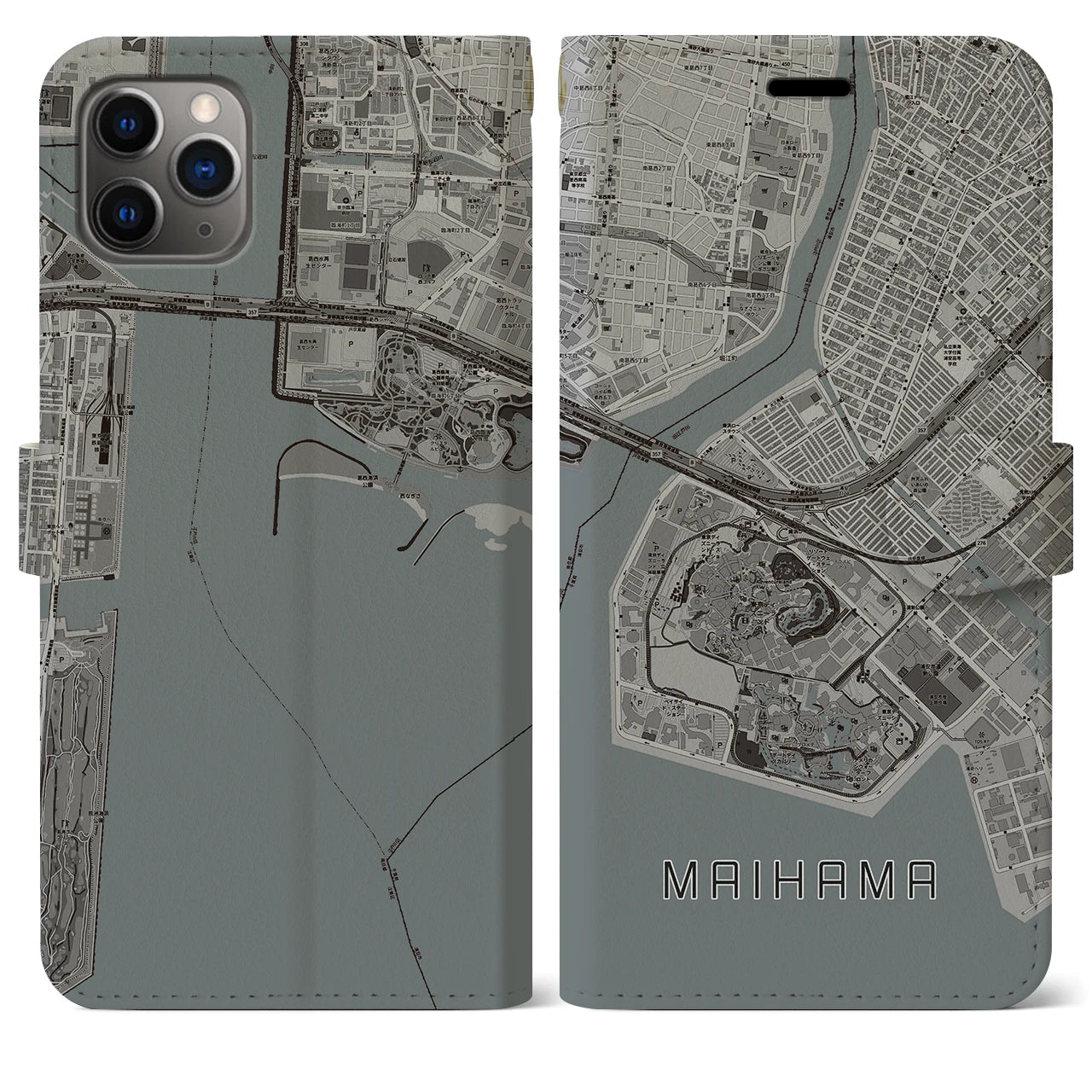 【舞浜】地図柄iPhoneケース（手帳両面タイプ・モノトーン）iPhone 11 Pro Max 用