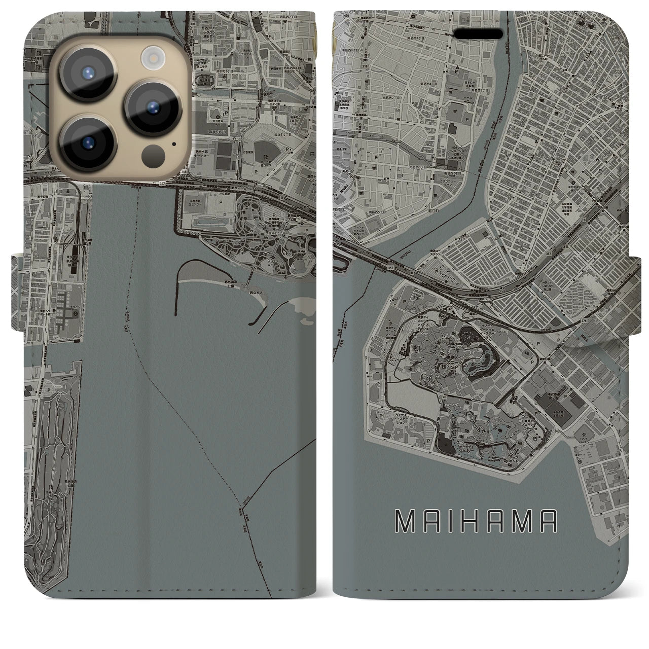 【舞浜】地図柄iPhoneケース（手帳両面タイプ・モノトーン）iPhone 14 Pro Max 用