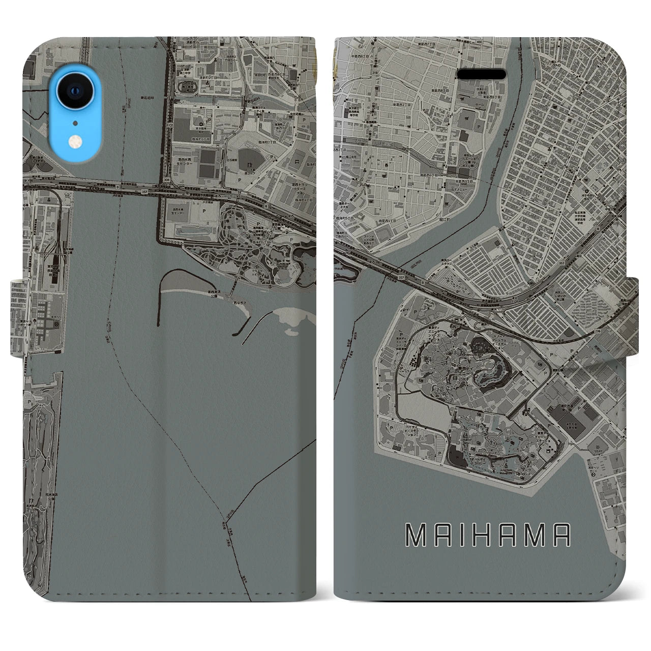 【舞浜】地図柄iPhoneケース（手帳両面タイプ・モノトーン）iPhone XR 用