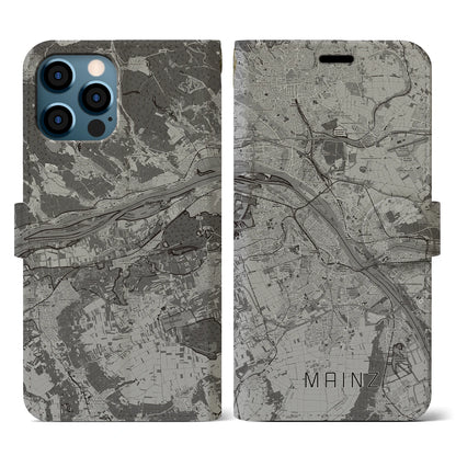 【マインツ（ドイツ）】地図柄iPhoneケース（手帳タイプ）モノトーン・iPhone 12 / 12 Pro 用