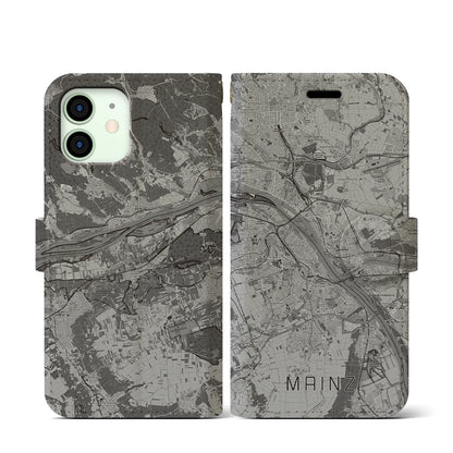 【マインツ（ドイツ）】地図柄iPhoneケース（手帳タイプ）モノトーン・iPhone 12 mini 用