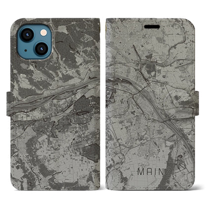 【マインツ（ドイツ）】地図柄iPhoneケース（手帳タイプ）モノトーン・iPhone 13 用