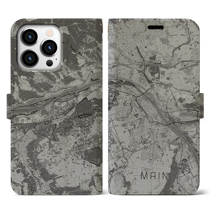 【マインツ（ドイツ）】地図柄iPhoneケース（手帳タイプ）モノトーン・iPhone 13 Pro 用
