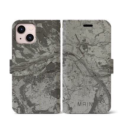【マインツ（ドイツ）】地図柄iPhoneケース（手帳タイプ）モノトーン・iPhone 13 mini 用