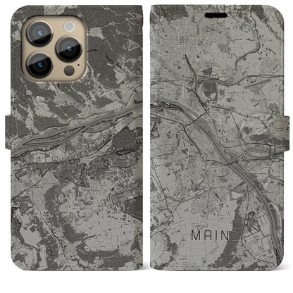 【マインツ（ドイツ）】地図柄iPhoneケース（手帳タイプ）モノトーン・iPhone 14 Pro Max 用