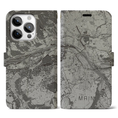 【マインツ（ドイツ）】地図柄iPhoneケース（手帳タイプ）モノトーン・iPhone 14 Pro 用