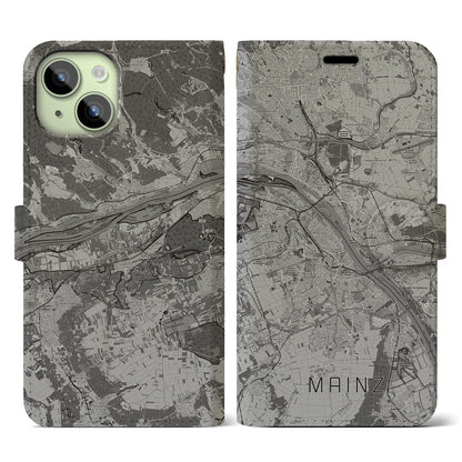 【マインツ（ドイツ）】地図柄iPhoneケース（手帳タイプ）モノトーン・iPhone 15 用