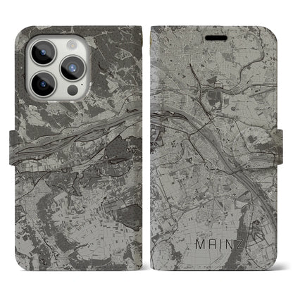 【マインツ（ドイツ）】地図柄iPhoneケース（手帳タイプ）モノトーン・iPhone 15 Pro 用