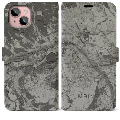 【マインツ（ドイツ）】地図柄iPhoneケース（手帳タイプ）モノトーン・iPhone 15 Plus 用